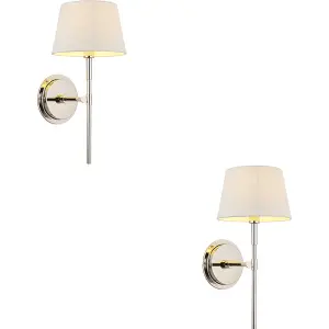 2 PACK Indoor Bright Nickel Plate Wall Light - Ivory Linen Mix Fabric Shade - Dimmable 6W LED E14