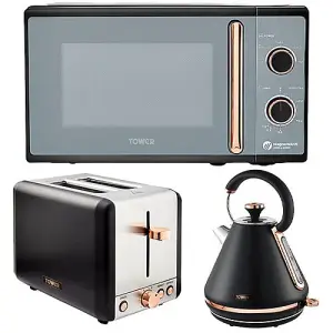 Tower Cavaletto Black 1.7L Pyramid Kettle, 2 Slice Toaster & 20L Microwave Set