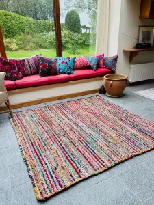 MISHRAN Square Jute Area Rug Hand Woven with Recycled Fabric 150 cm x 150 cm