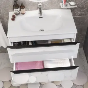 Furneo Bathroom Vanity Unit Floating Storage Basin Gloss White 3-Drawer 120cm With Matt Black Handle