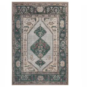 Green Cream Geometric Medallion Anti Slip Washable Rug 120x170cm