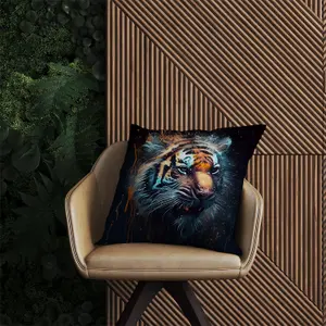 Tiger Face Splashart Dark Background Outdoor Cushion 45cm x 45cm