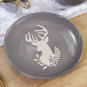 Set of 4 Grey Stag Head Christmas Dinner Plate Side Plates