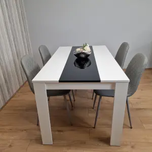 Wooden White Black Dining Table with 4 Grey Stitched Leather Chairs Set