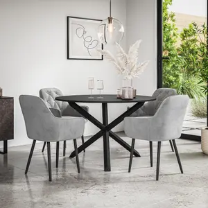 Malvern Round Dining Table And Chairs -  Black Table Top w Solid Black Oak Legs + Anika Velvet Dining Chair Set Of 4 (Grey)