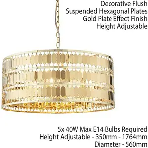 Hanging Ceiling Pendant Light Hex Gold Plate Shade 5 Bulb Modern Dimming Feature