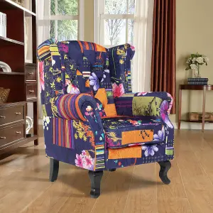 Fabric Purple Patchwork Chesterfield Wingback Chair