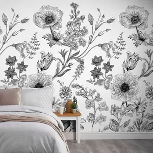 Grandeco Flower Silhouette 3 panel repeatable Textured Mural, 2.8 x 1.59m, White