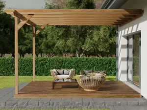 Wall mounted pergola and decking complete diy kit, Chamfered design (2.4m x 2.4m, Rustic brown finish)