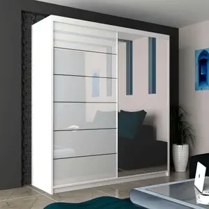 Sliding Wardrobes 4U Fletche High Gloss Mirror Sliding Door Wardrobe in 3 Colors and 3 sizes (White W1800mm H2000mm)