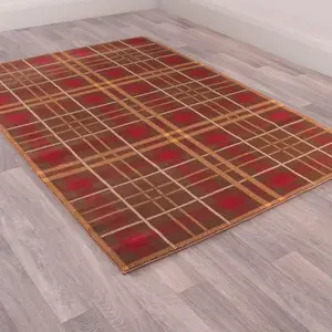 Brown Chequered Modern Tartan Easy to Clean Chequered Rug For Dining Room-67 X 230cm (Runner)