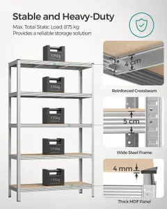 SONGMICS 5-Level Shelving Rack, Storage Organising Shelf, Boltless Assembly, Garage Organizer, Heavy Duty, Silver