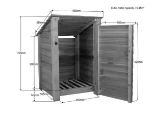 Wooden log store (roof sloping back) with door W-99cm, H-126cm, D-88cm - brown finish