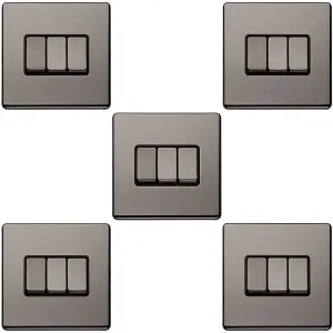 5 PACK 3 Gang Triple Light Switch SCREWLESS BLACK NICKEL 2 Way 10A Slim Rocker