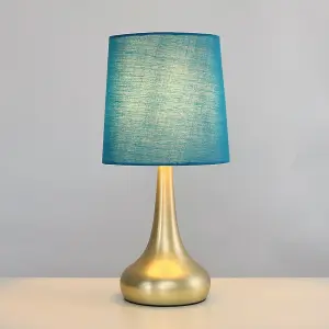 ValueLights Pair Of Modern Gold Teardrop Touch Bed Side Table Lamps With Navy Fabric Shades