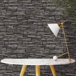 Thornton Wallpaper Holden Décor 3D Slate Brick Effect Black Charcoal Modern