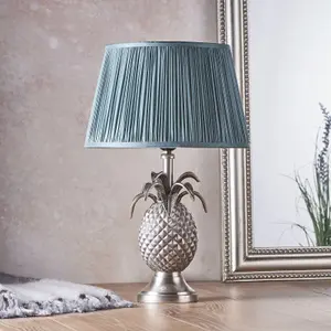 Table Lamp Pewter Plate & Fir Silk 60W E27 Bedside Light Base & Shade