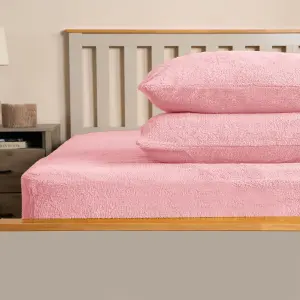 Brentfords Teddy Fleece FITTED Bed Sheet Soft Thermal, Pink - Double