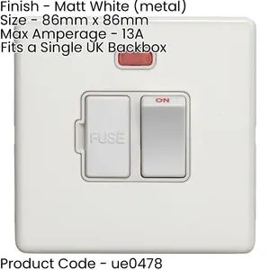 1 Gang 13A Switched Fuse Spur & Neon SCREWLESS MATT WHITE Rocker Mains Isolation