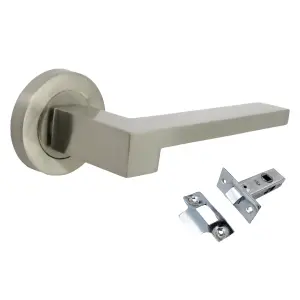 UNO-3 Door Handle Modern Satin Nickel Lever on Rose Internal Doors Handles + 64mm Latch