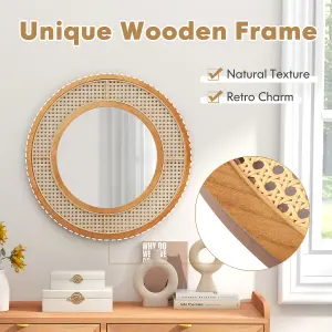 COSTWAY Rattan Round Wall Mirror 65 cm Wooden Framed Mirror with Aluminum Glass