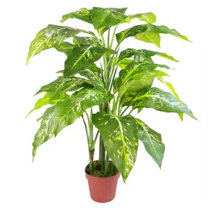 100cm Large Fox's Aglaonema (Spotted Evergreen) Tree Artificial Plant with Silver Metal Planter