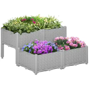 Outsunny 4-pieces Elevated Flower Bed Vegetable Herb Planter Plastic, Grey