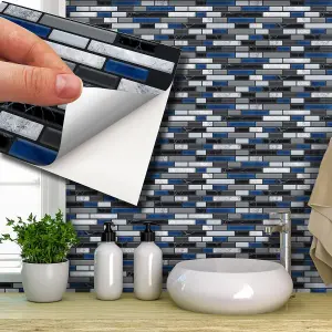 Walplus Lux Touch Grey And Blue Marble Long Mosaic Wall 2D Tile Stickers Multipack 48Pcs