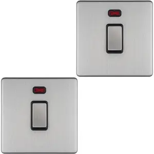 2 PACK 1 Gang 20A Single Light Switch & Neon SCREWLESS SATIN STEEL 2Way Rocker