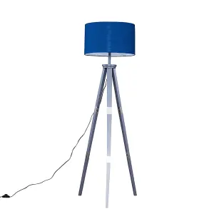 ValueLights Willow Large Modern Grey Wood and Metal Tripod Design Floor Lamp with Navy Blue Shade