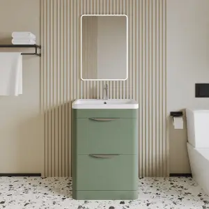 Floor Standing 2 Drawer Vanity Unit with Ceramic Basin - 600mm - Satin Green