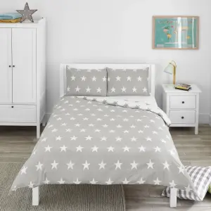 Bloomsbury Mill - Grey and White Stars Kids Reversible Double Bed Duvet Cover and Pillowcases Set - Double - 200 x 200cm