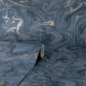 Fine Decor Marble Suave Navy / Metallic Gold Flat & Smooth Wallpaper FD43055