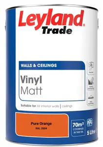 Leyland Trade Vinyl Matt Walls & Ceilings Emulsion Paint Pure Orange (RAL 2004) 5L