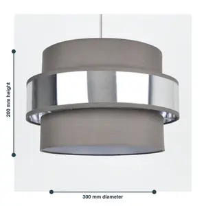 First Choice Lighting Easy Fit 2 Tier Grey Fabric & Brushed Silver Plated Banded Ceiling Shade