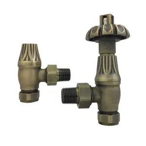 Right Radiators Traditional Thermostatic TRV Antique Design Angled Radiator Rad Valves Pair Antique Brass