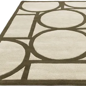 Khaki Geometric Wool Bordered Geometric Rug For Bedroom & Living Room-120cm X 170cm