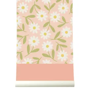 Roomblush Colourblock Spring Flowers  Eco 4 Lane Repeatable Wallpaper Mural 200 x 285cm, Pink