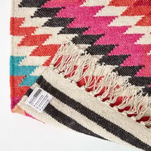 Homescapes Manila Handwoven Pink, Orange and White Multi Coloured Diamond Patterned Kilim Wool Rug, 66 x 200 cm