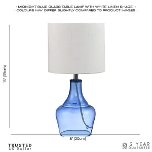 Modern Midnight Blue Glass Lamp with Natural Linen Fabric Shade and Clear Cable