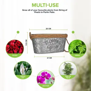 LIVIVO Zinc Plant Pot with Cotton Rope Handles - 'Flowers & Garden' Design for Outdoor or Indoor, Flower Herb & Pot