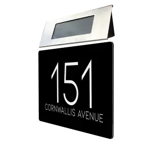 Personalised Aluminium House Plaque with Solar Light Customised with Your House Number and Street Name 160 x 280mm Black