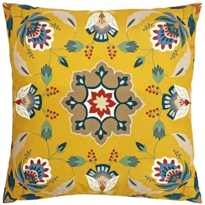 Folk Flora Indoor / Outdoor Floral Square Throw Cushion Ochre