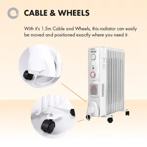 2500W Oil Filled Radiator Portable Fan Heater 5 Fin Timer White