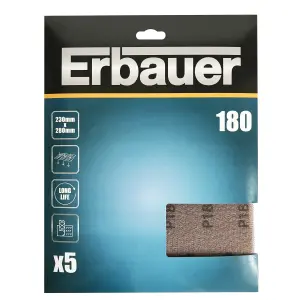 Erbauer 180 grit Extra fine Metal, paint, plaster & wood Hand sanding sheet, Pack of 5