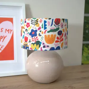 ValueLights Bosco Stone Natural Ceramic Table Lamp with Jungle Print Drum Shade - LED Bulb Included