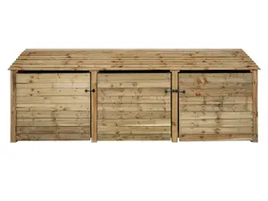 Wooden log store with door and kindling shelf W-335cm, H-126cm, D-88cm - natural (light green) finish