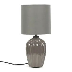 ValueLights Carbone Grey Fluted Ceramic Bedside Table Lamp with a Fabric Lampshade Bedroom Light