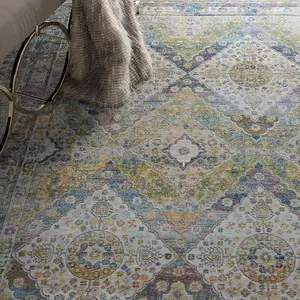 Blue Green Traditional Persian Easy to Clean Floral Rug For Dining Room Bedroom And Living Room-122cm (Circle)