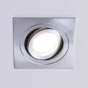 Litecraft Pack of 2 Satin Nickel Modern IP65 Square Tiltable Bathroom Downlights